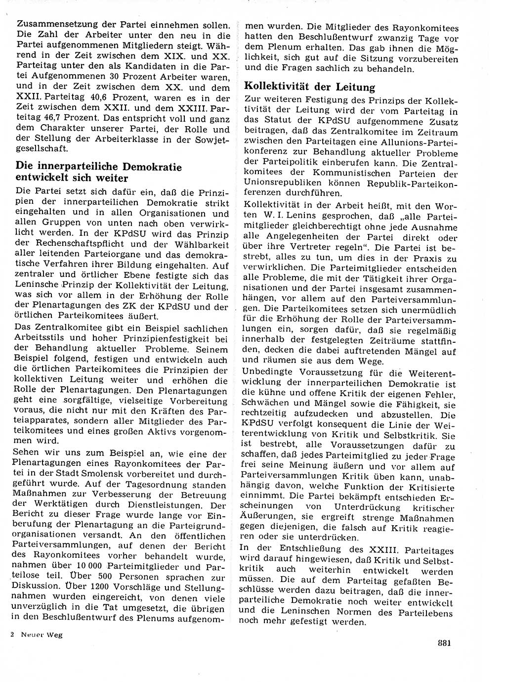 Neuer Weg (NW), Organ des Zentralkomitees (ZK) der SED (Sozialistische Einheitspartei Deutschlands) für Fragen des Parteilebens, 21. Jahrgang [Deutsche Demokratische Republik (DDR)] 1966, Seite 881 (NW ZK SED DDR 1966, S. 881)