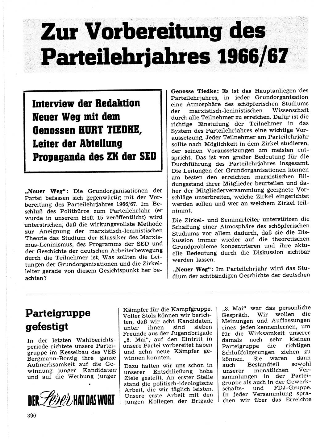 Neuer Weg (NW), Organ des Zentralkomitees (ZK) der SED (Sozialistische Einheitspartei Deutschlands) für Fragen des Parteilebens, 21. Jahrgang [Deutsche Demokratische Republik (DDR)] 1966, Seite 890 (NW ZK SED DDR 1966, S. 890)