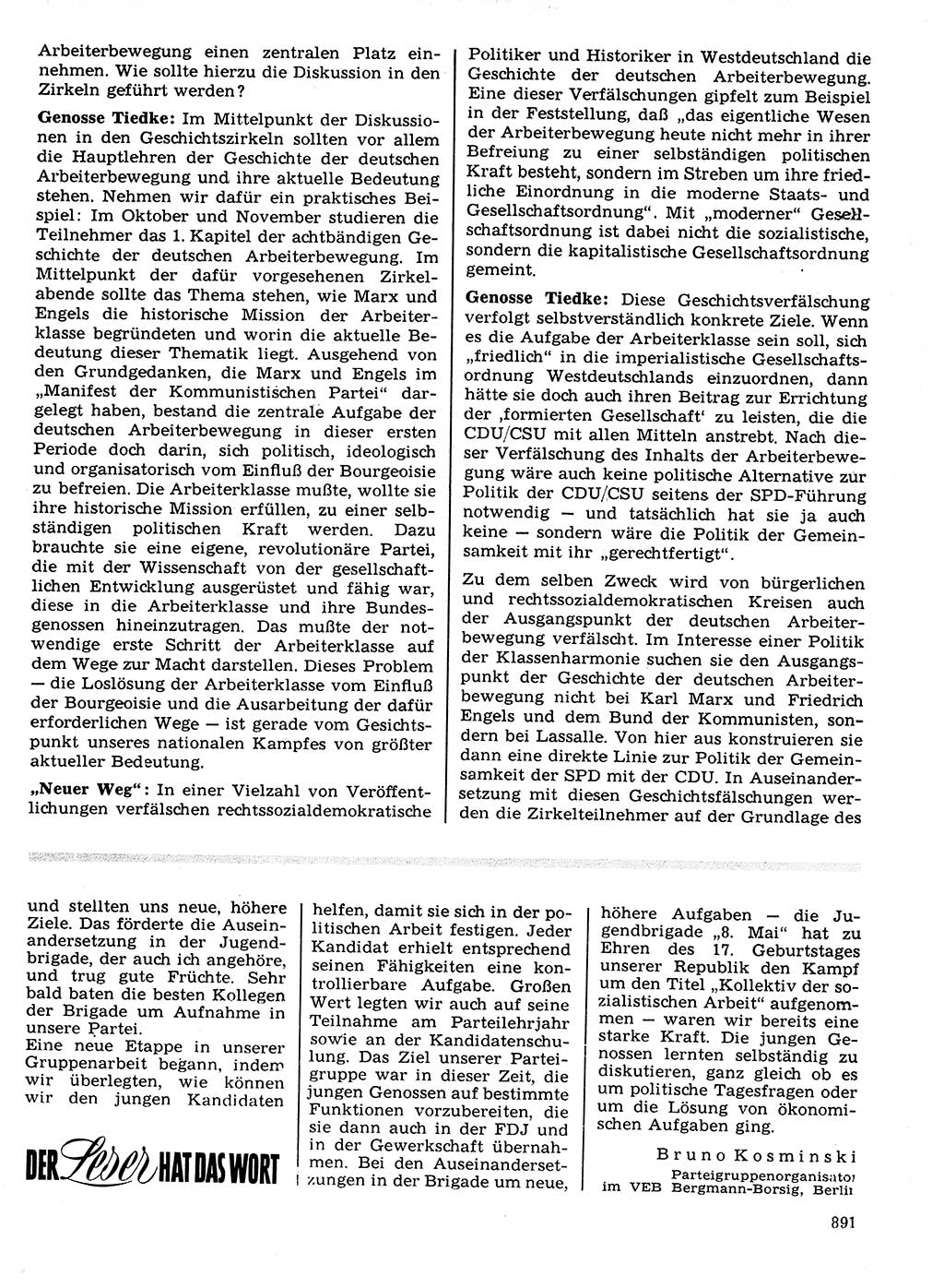 Neuer Weg (NW), Organ des Zentralkomitees (ZK) der SED (Sozialistische Einheitspartei Deutschlands) für Fragen des Parteilebens, 21. Jahrgang [Deutsche Demokratische Republik (DDR)] 1966, Seite 891 (NW ZK SED DDR 1966, S. 891)