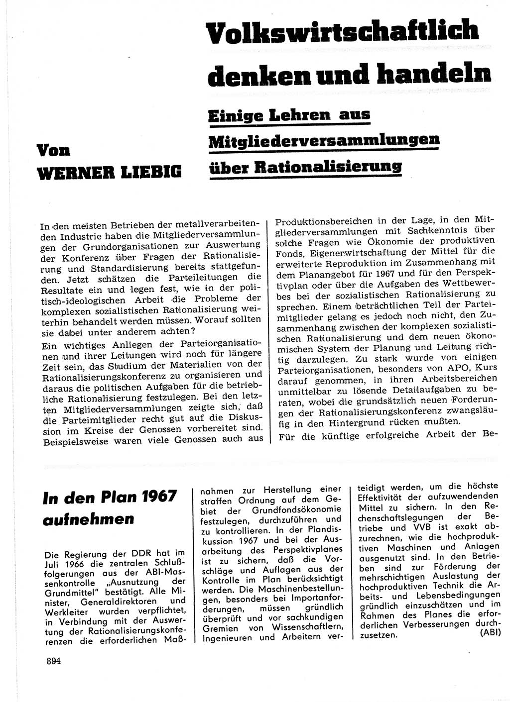 Neuer Weg (NW), Organ des Zentralkomitees (ZK) der SED (Sozialistische Einheitspartei Deutschlands) für Fragen des Parteilebens, 21. Jahrgang [Deutsche Demokratische Republik (DDR)] 1966, Seite 894 (NW ZK SED DDR 1966, S. 894)