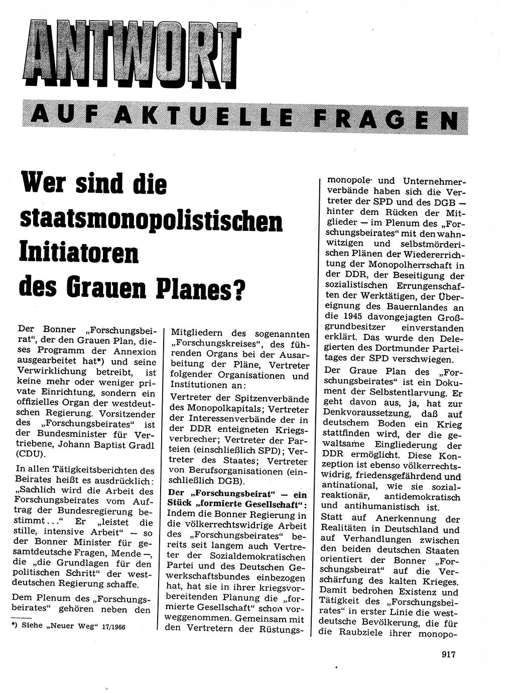 Neuer Weg (NW), Organ des Zentralkomitees (ZK) der SED (Sozialistische Einheitspartei Deutschlands) für Fragen des Parteilebens, 21. Jahrgang [Deutsche Demokratische Republik (DDR)] 1966, Seite 917 (NW ZK SED DDR 1966, S. 917)