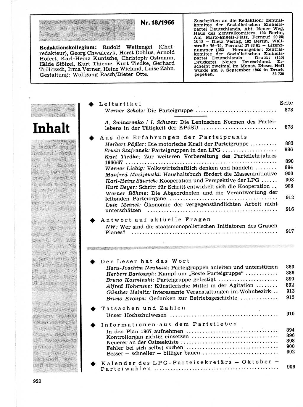 Neuer Weg (NW), Organ des Zentralkomitees (ZK) der SED (Sozialistische Einheitspartei Deutschlands) für Fragen des Parteilebens, 21. Jahrgang [Deutsche Demokratische Republik (DDR)] 1966, Seite 920 (NW ZK SED DDR 1966, S. 920)