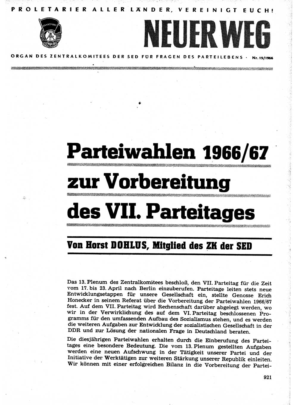 Neuer Weg (NW), Organ des Zentralkomitees (ZK) der SED (Sozialistische Einheitspartei Deutschlands) für Fragen des Parteilebens, 21. Jahrgang [Deutsche Demokratische Republik (DDR)] 1966, Seite 921 (NW ZK SED DDR 1966, S. 921)