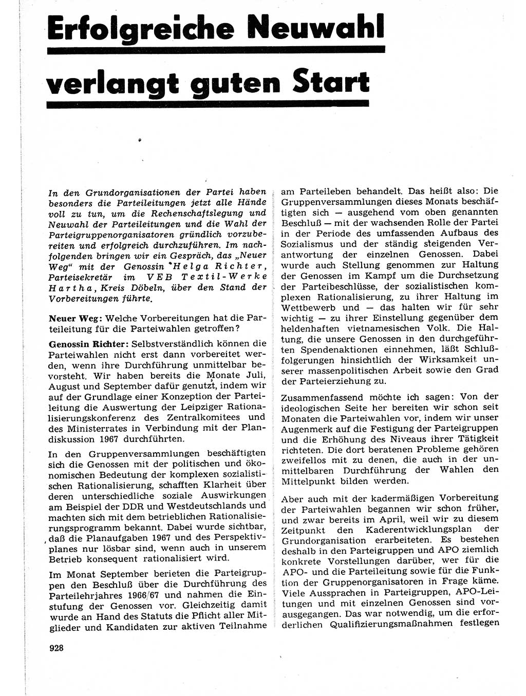 Neuer Weg (NW), Organ des Zentralkomitees (ZK) der SED (Sozialistische Einheitspartei Deutschlands) für Fragen des Parteilebens, 21. Jahrgang [Deutsche Demokratische Republik (DDR)] 1966, Seite 928 (NW ZK SED DDR 1966, S. 928)