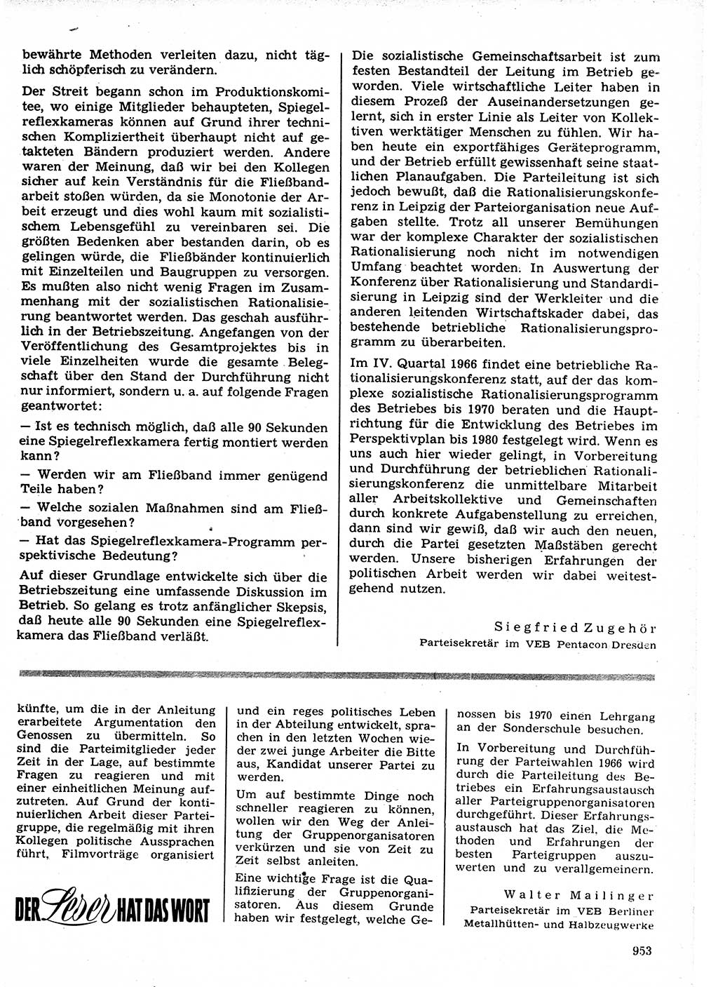 Neuer Weg (NW), Organ des Zentralkomitees (ZK) der SED (Sozialistische Einheitspartei Deutschlands) für Fragen des Parteilebens, 21. Jahrgang [Deutsche Demokratische Republik (DDR)] 1966, Seite 953 (NW ZK SED DDR 1966, S. 953)