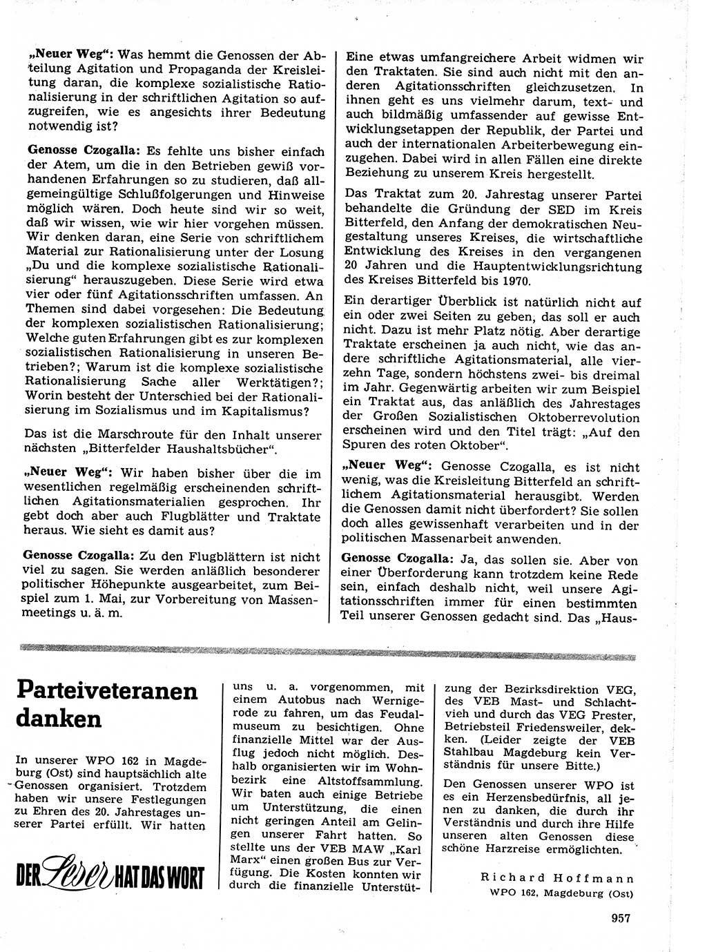 Neuer Weg (NW), Organ des Zentralkomitees (ZK) der SED (Sozialistische Einheitspartei Deutschlands) für Fragen des Parteilebens, 21. Jahrgang [Deutsche Demokratische Republik (DDR)] 1966, Seite 957 (NW ZK SED DDR 1966, S. 957)