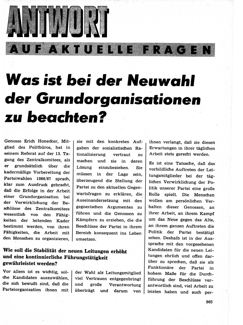 Neuer Weg (NW), Organ des Zentralkomitees (ZK) der SED (Sozialistische Einheitspartei Deutschlands) für Fragen des Parteilebens, 21. Jahrgang [Deutsche Demokratische Republik (DDR)] 1966, Seite 965 (NW ZK SED DDR 1966, S. 965)