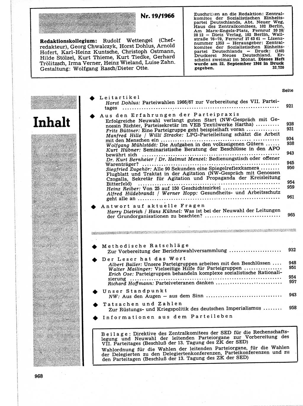 Neuer Weg (NW), Organ des Zentralkomitees (ZK) der SED (Sozialistische Einheitspartei Deutschlands) für Fragen des Parteilebens, 21. Jahrgang [Deutsche Demokratische Republik (DDR)] 1966, Seite 968 (NW ZK SED DDR 1966, S. 968)