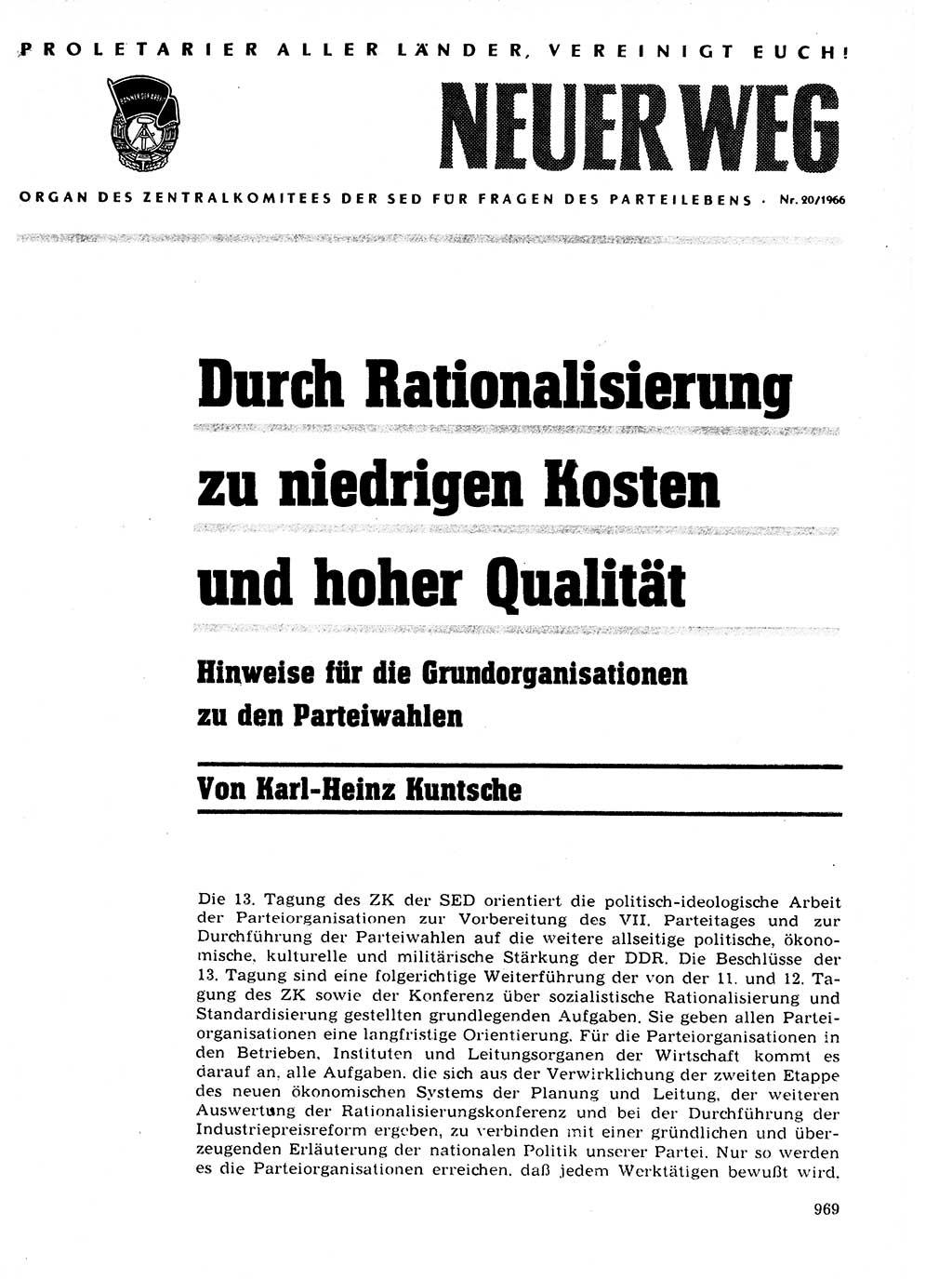 Neuer Weg (NW), Organ des Zentralkomitees (ZK) der SED (Sozialistische Einheitspartei Deutschlands) für Fragen des Parteilebens, 21. Jahrgang [Deutsche Demokratische Republik (DDR)] 1966, Seite 969 (NW ZK SED DDR 1966, S. 969)