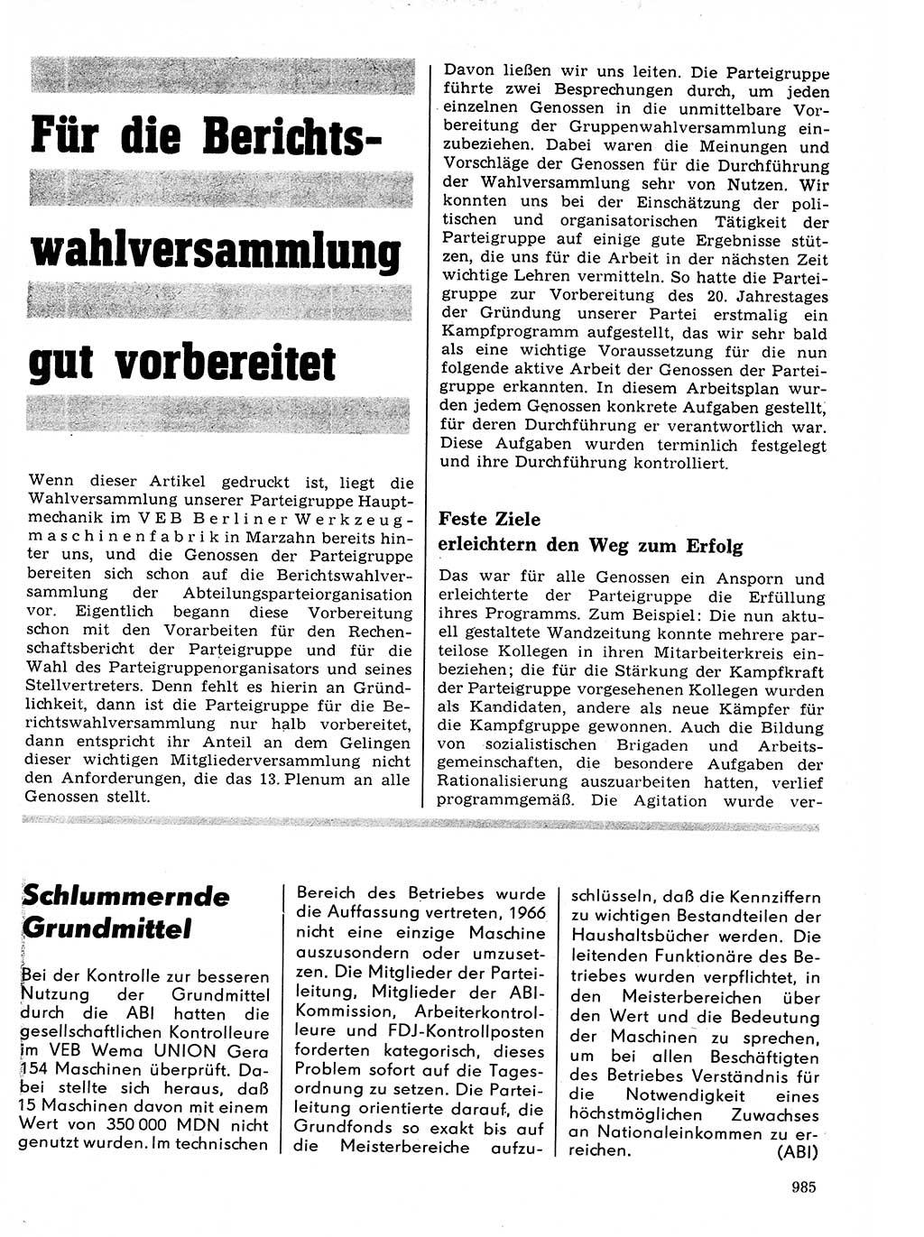 Neuer Weg (NW), Organ des Zentralkomitees (ZK) der SED (Sozialistische Einheitspartei Deutschlands) für Fragen des Parteilebens, 21. Jahrgang [Deutsche Demokratische Republik (DDR)] 1966, Seite 985 (NW ZK SED DDR 1966, S. 985)