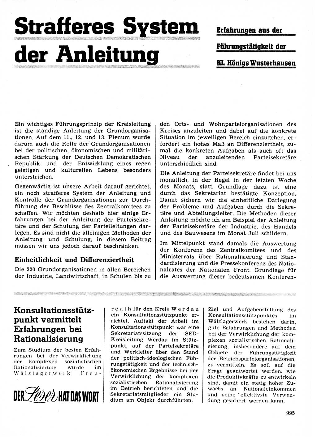 Neuer Weg (NW), Organ des Zentralkomitees (ZK) der SED (Sozialistische Einheitspartei Deutschlands) für Fragen des Parteilebens, 21. Jahrgang [Deutsche Demokratische Republik (DDR)] 1966, Seite 995 (NW ZK SED DDR 1966, S. 995)