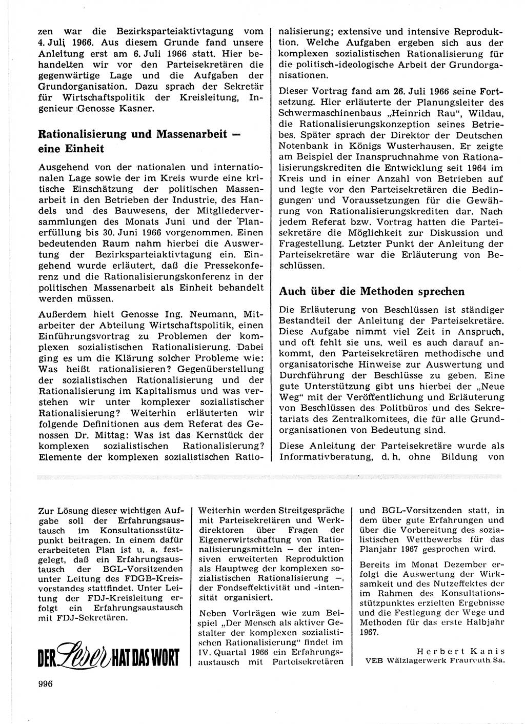 Neuer Weg (NW), Organ des Zentralkomitees (ZK) der SED (Sozialistische Einheitspartei Deutschlands) für Fragen des Parteilebens, 21. Jahrgang [Deutsche Demokratische Republik (DDR)] 1966, Seite 996 (NW ZK SED DDR 1966, S. 996)