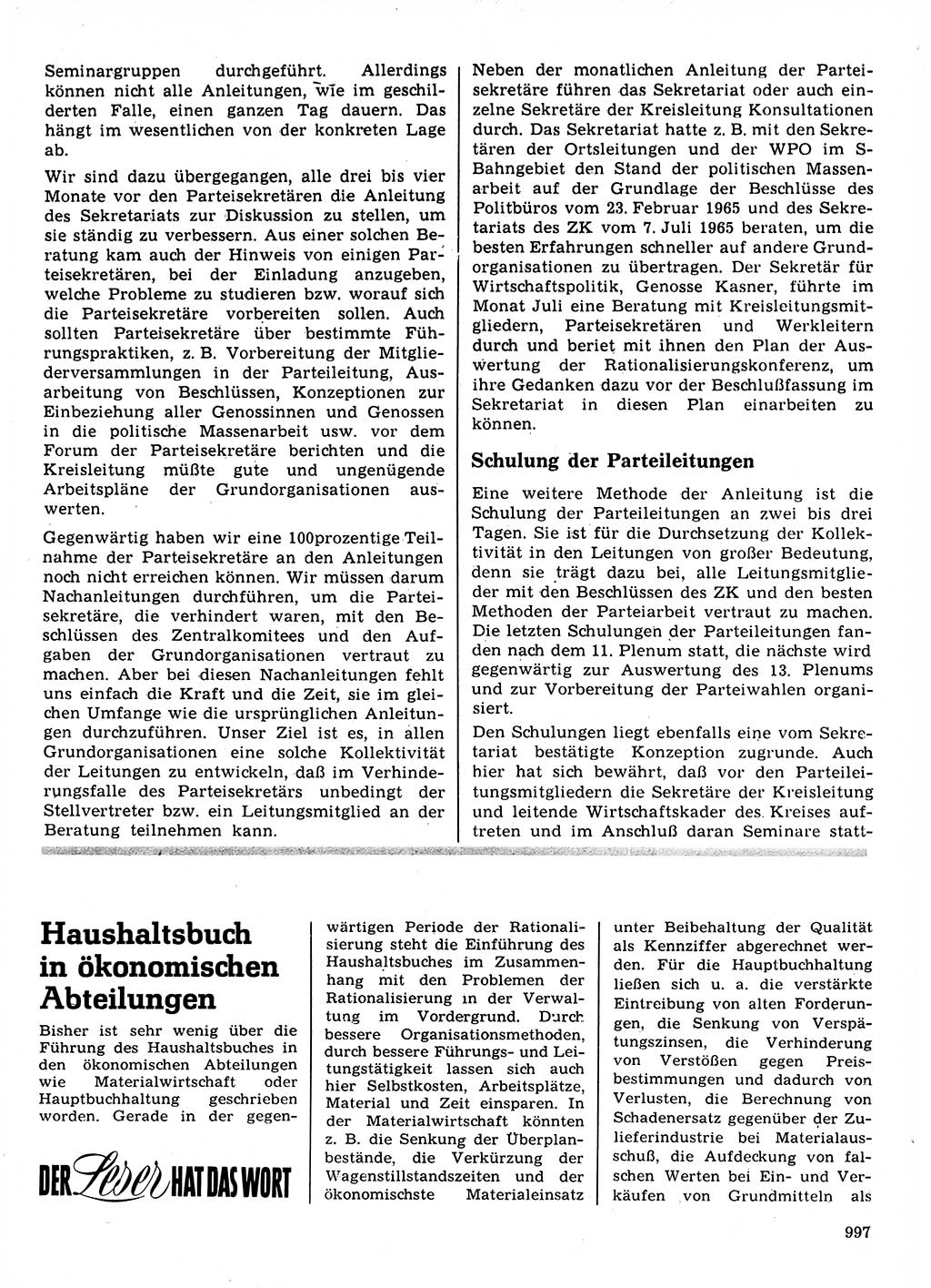 Neuer Weg (NW), Organ des Zentralkomitees (ZK) der SED (Sozialistische Einheitspartei Deutschlands) für Fragen des Parteilebens, 21. Jahrgang [Deutsche Demokratische Republik (DDR)] 1966, Seite 997 (NW ZK SED DDR 1966, S. 997)