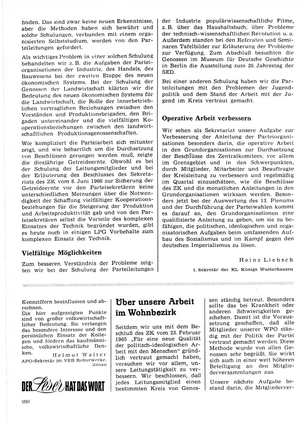 Neuer Weg (NW), Organ des Zentralkomitees (ZK) der SED (Sozialistische Einheitspartei Deutschlands) für Fragen des Parteilebens, 21. Jahrgang [Deutsche Demokratische Republik (DDR)] 1966, Seite 998 (NW ZK SED DDR 1966, S. 998)