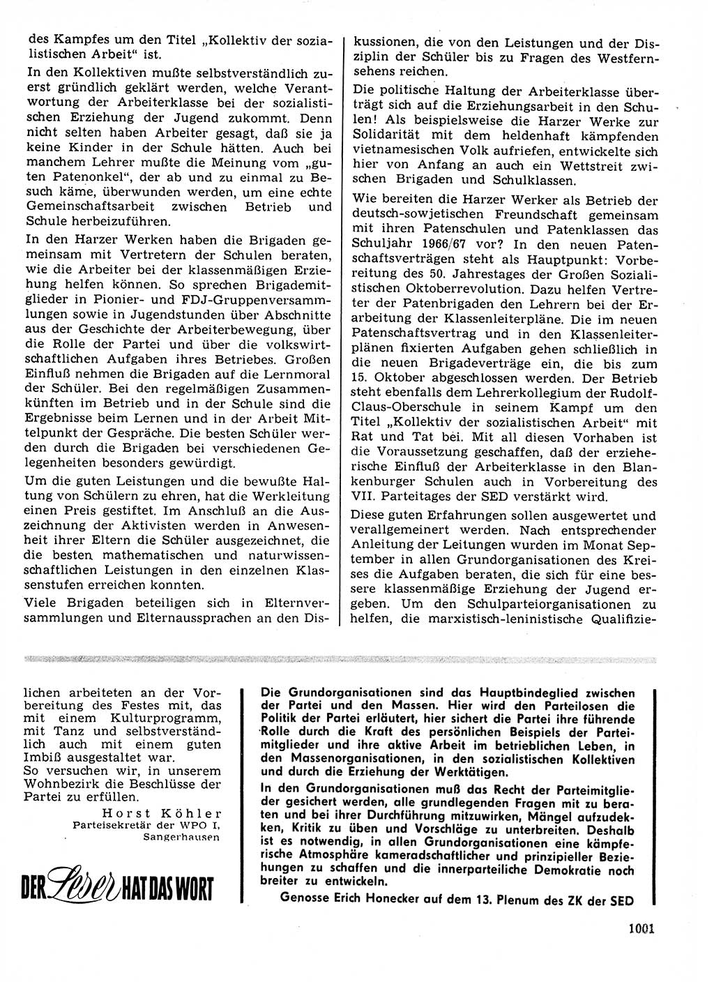 Neuer Weg (NW), Organ des Zentralkomitees (ZK) der SED (Sozialistische Einheitspartei Deutschlands) für Fragen des Parteilebens, 21. Jahrgang [Deutsche Demokratische Republik (DDR)] 1966, Seite 1001 (NW ZK SED DDR 1966, S. 1001)