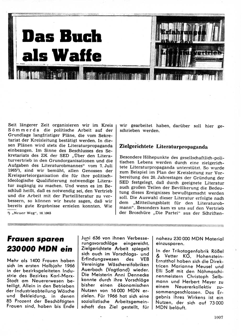 Neuer Weg (NW), Organ des Zentralkomitees (ZK) der SED (Sozialistische Einheitspartei Deutschlands) für Fragen des Parteilebens, 21. Jahrgang [Deutsche Demokratische Republik (DDR)] 1966, Seite 1007 (NW ZK SED DDR 1966, S. 1007)