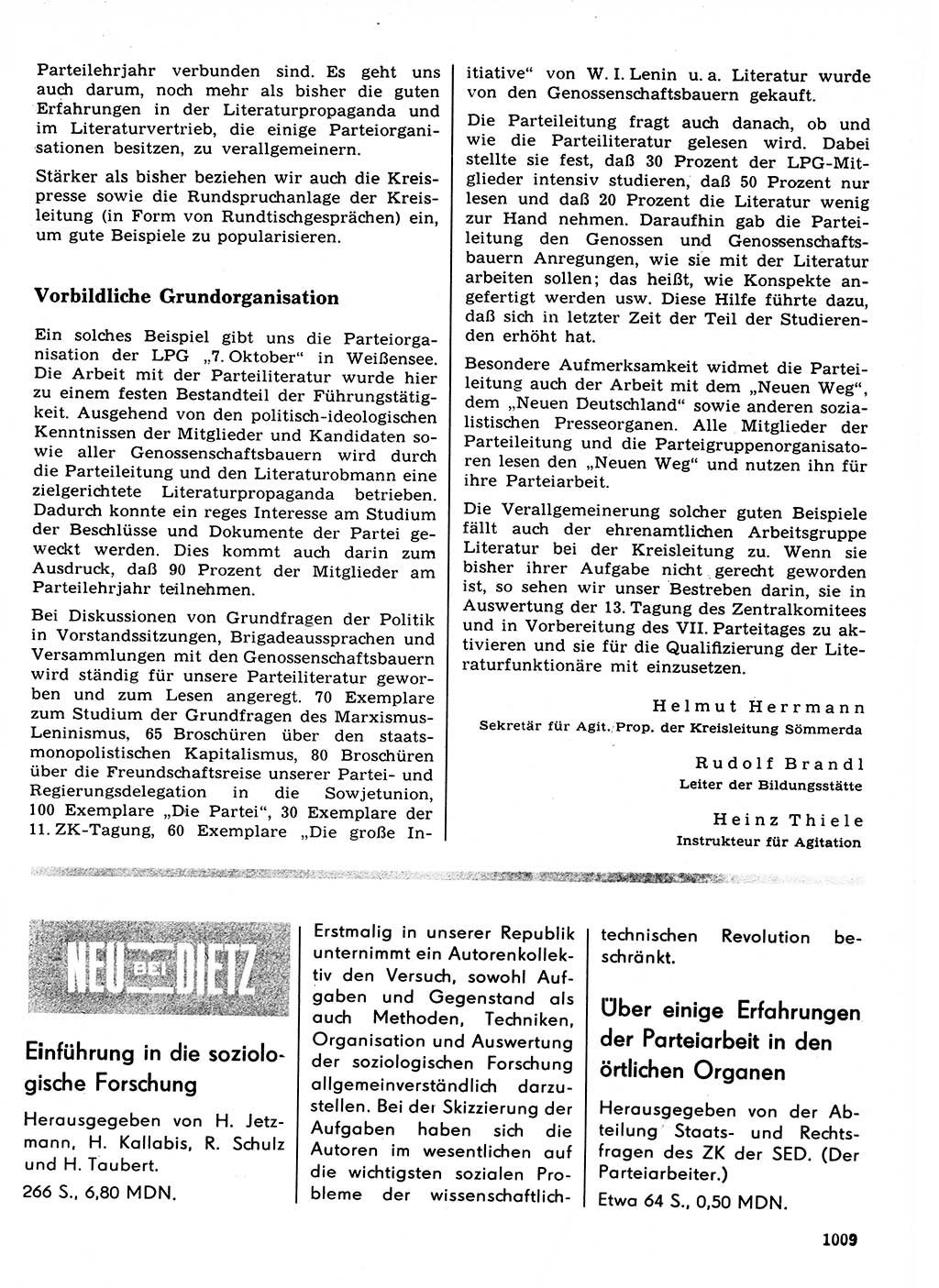 Neuer Weg (NW), Organ des Zentralkomitees (ZK) der SED (Sozialistische Einheitspartei Deutschlands) für Fragen des Parteilebens, 21. Jahrgang [Deutsche Demokratische Republik (DDR)] 1966, Seite 1009 (NW ZK SED DDR 1966, S. 1009)