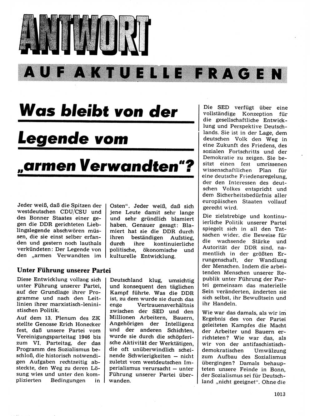 Neuer Weg (NW), Organ des Zentralkomitees (ZK) der SED (Sozialistische Einheitspartei Deutschlands) für Fragen des Parteilebens, 21. Jahrgang [Deutsche Demokratische Republik (DDR)] 1966, Seite 1013 (NW ZK SED DDR 1966, S. 1013)