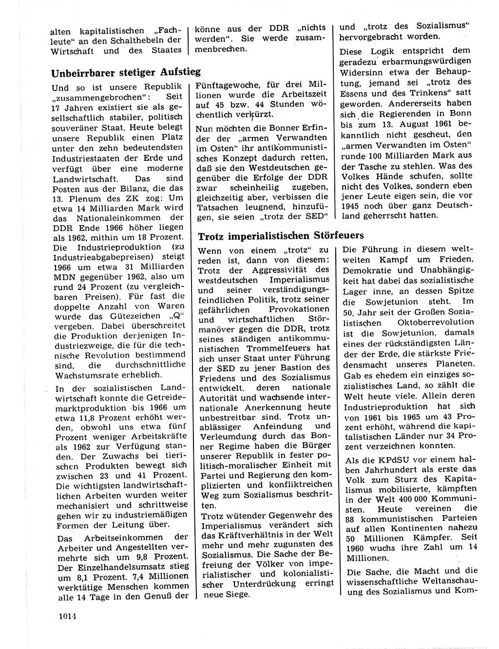 Neuer Weg (NW), Organ des Zentralkomitees (ZK) der SED (Sozialistische Einheitspartei Deutschlands) fÃ¼r Fragen des Parteilebens, 21. Jahrgang [Deutsche Demokratische Republik (DDR)] 1966, Seite 1014 (NW ZK SED DDR 1966, S. 1014)