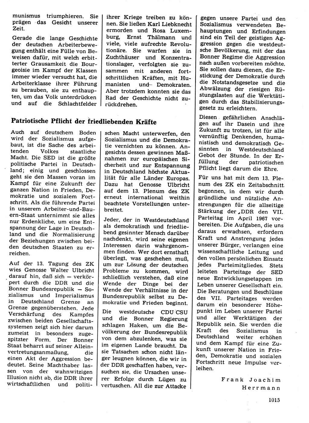 Neuer Weg (NW), Organ des Zentralkomitees (ZK) der SED (Sozialistische Einheitspartei Deutschlands) für Fragen des Parteilebens, 21. Jahrgang [Deutsche Demokratische Republik (DDR)] 1966, Seite 1015 (NW ZK SED DDR 1966, S. 1015)