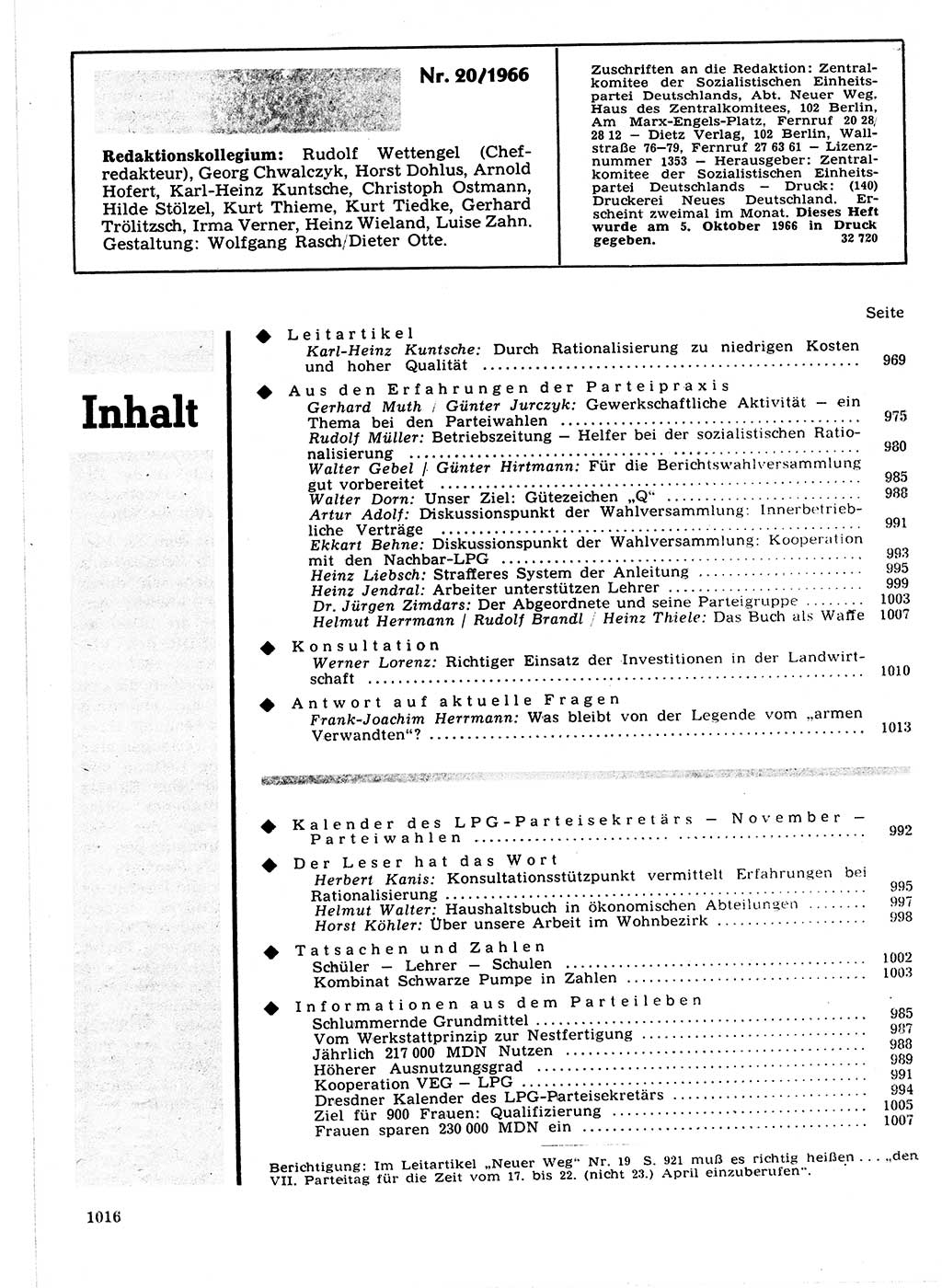 Neuer Weg (NW), Organ des Zentralkomitees (ZK) der SED (Sozialistische Einheitspartei Deutschlands) für Fragen des Parteilebens, 21. Jahrgang [Deutsche Demokratische Republik (DDR)] 1966, Seite 1016 (NW ZK SED DDR 1966, S. 1016)