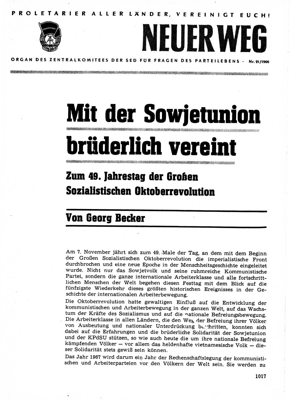 Neuer Weg (NW), Organ des Zentralkomitees (ZK) der SED (Sozialistische Einheitspartei Deutschlands) für Fragen des Parteilebens, 21. Jahrgang [Deutsche Demokratische Republik (DDR)] 1966, Seite 1017 (NW ZK SED DDR 1966, S. 1017)