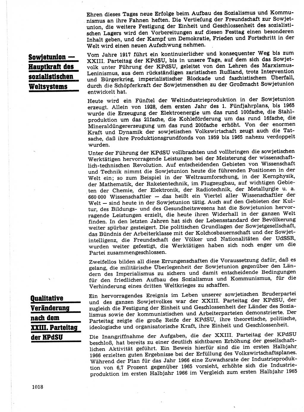 Neuer Weg (NW), Organ des Zentralkomitees (ZK) der SED (Sozialistische Einheitspartei Deutschlands) für Fragen des Parteilebens, 21. Jahrgang [Deutsche Demokratische Republik (DDR)] 1966, Seite 1018 (NW ZK SED DDR 1966, S. 1018)