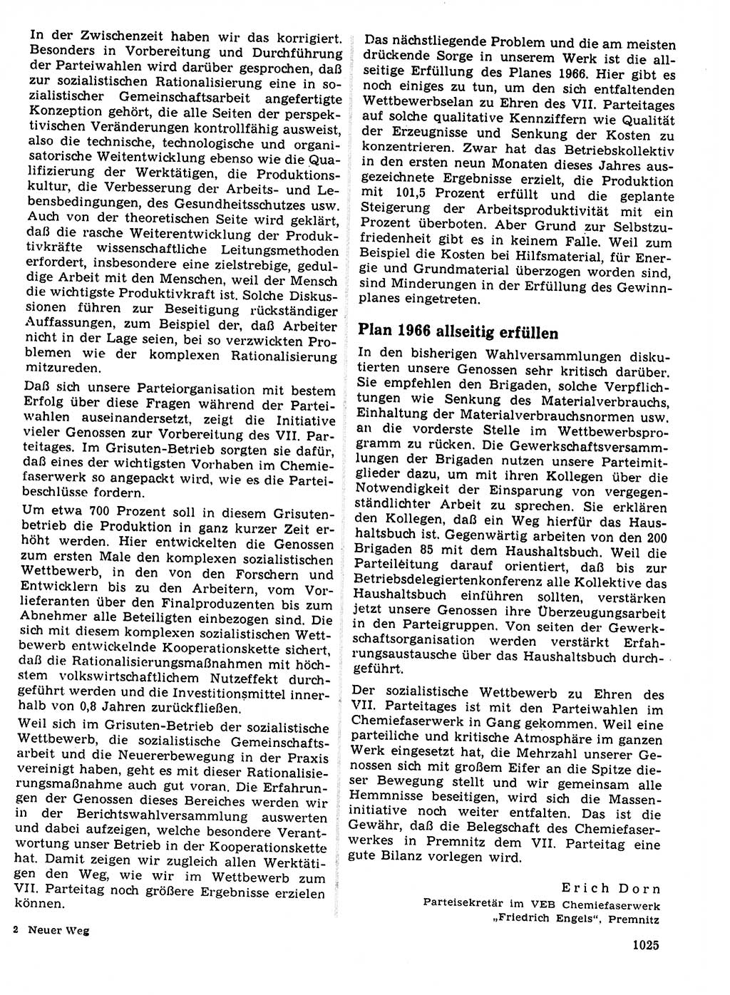 Neuer Weg (NW), Organ des Zentralkomitees (ZK) der SED (Sozialistische Einheitspartei Deutschlands) für Fragen des Parteilebens, 21. Jahrgang [Deutsche Demokratische Republik (DDR)] 1966, Seite 1025 (NW ZK SED DDR 1966, S. 1025)