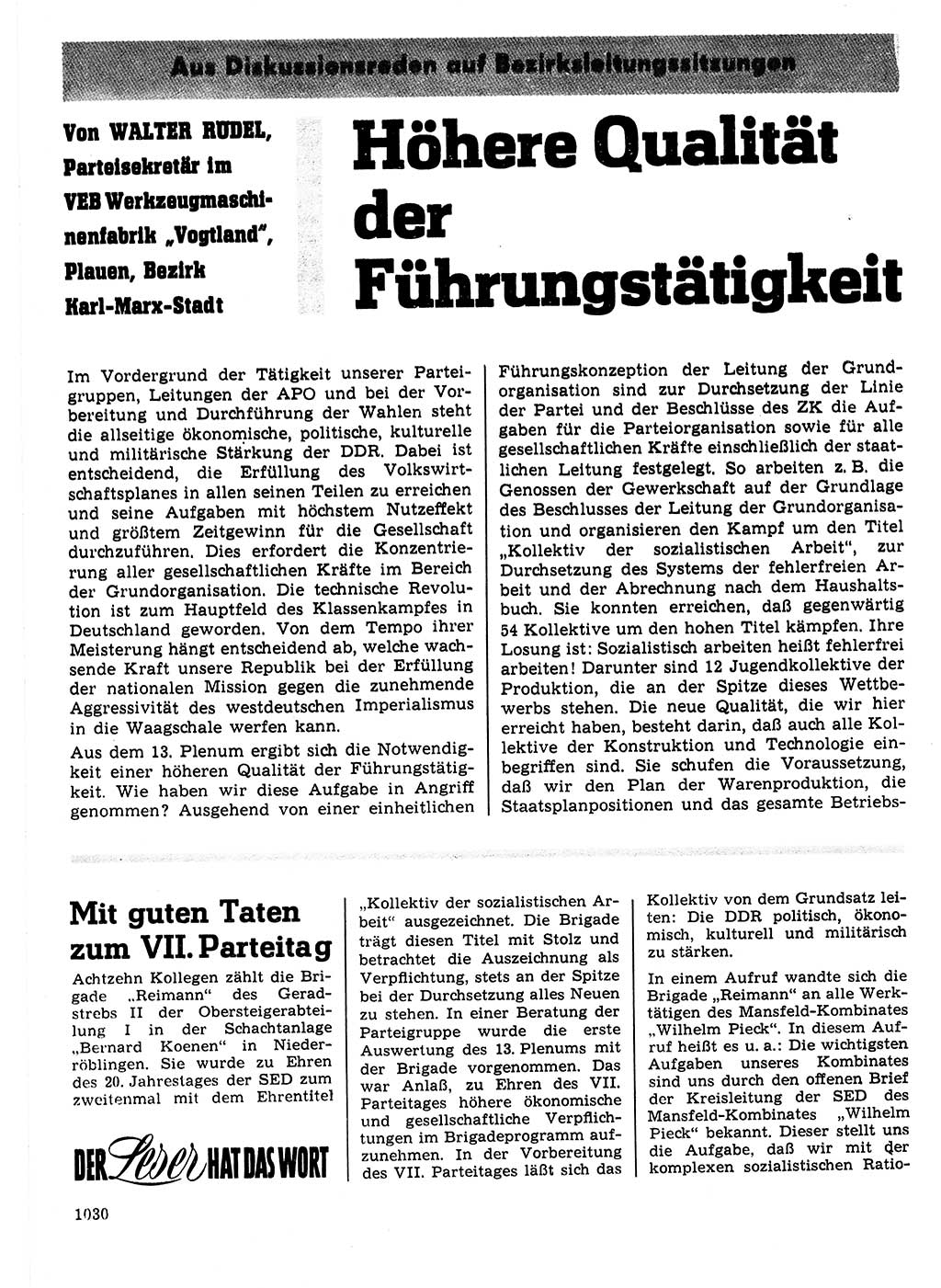 Neuer Weg (NW), Organ des Zentralkomitees (ZK) der SED (Sozialistische Einheitspartei Deutschlands) für Fragen des Parteilebens, 21. Jahrgang [Deutsche Demokratische Republik (DDR)] 1966, Seite 1030 (NW ZK SED DDR 1966, S. 1030)