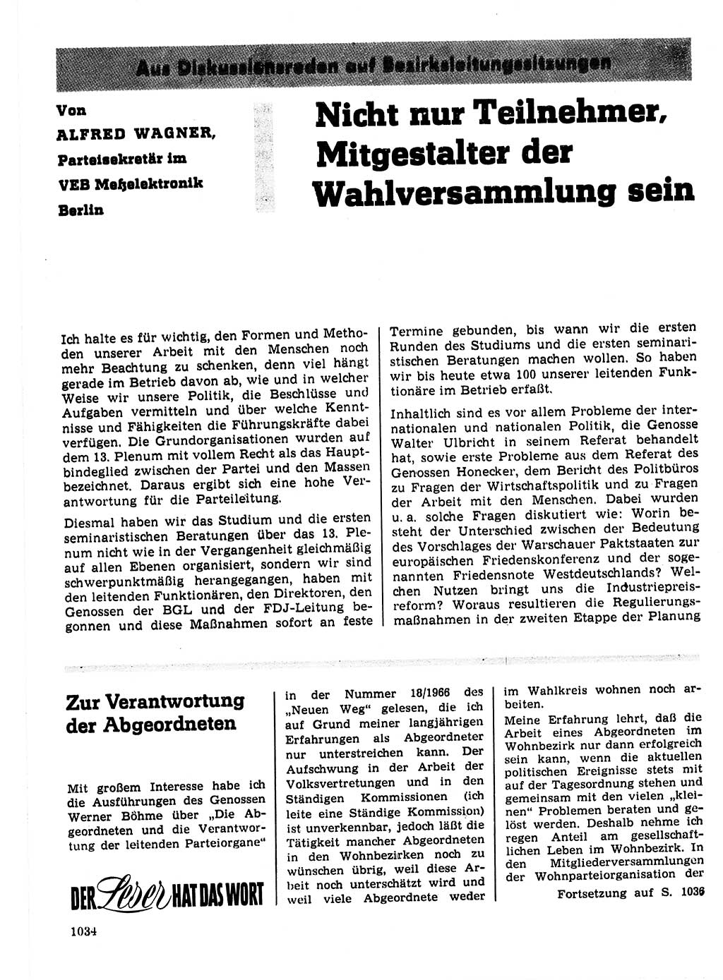 Neuer Weg (NW), Organ des Zentralkomitees (ZK) der SED (Sozialistische Einheitspartei Deutschlands) für Fragen des Parteilebens, 21. Jahrgang [Deutsche Demokratische Republik (DDR)] 1966, Seite 1034 (NW ZK SED DDR 1966, S. 1034)