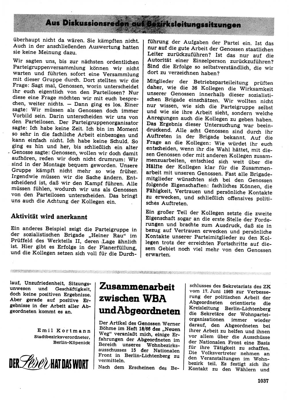 Neuer Weg (NW), Organ des Zentralkomitees (ZK) der SED (Sozialistische Einheitspartei Deutschlands) für Fragen des Parteilebens, 21. Jahrgang [Deutsche Demokratische Republik (DDR)] 1966, Seite 1037 (NW ZK SED DDR 1966, S. 1037)