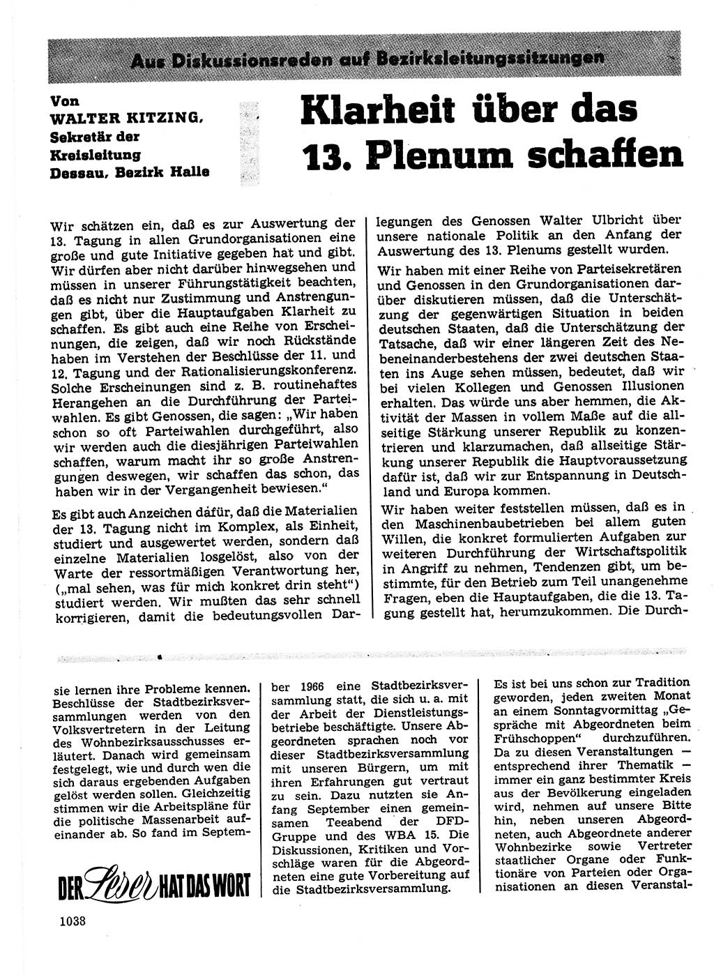 Neuer Weg (NW), Organ des Zentralkomitees (ZK) der SED (Sozialistische Einheitspartei Deutschlands) für Fragen des Parteilebens, 21. Jahrgang [Deutsche Demokratische Republik (DDR)] 1966, Seite 1038 (NW ZK SED DDR 1966, S. 1038)