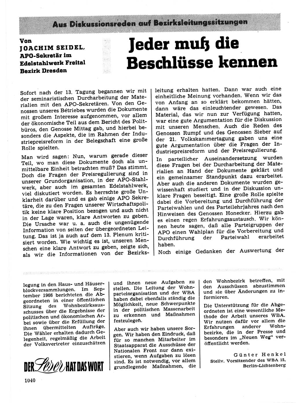 Neuer Weg (NW), Organ des Zentralkomitees (ZK) der SED (Sozialistische Einheitspartei Deutschlands) für Fragen des Parteilebens, 21. Jahrgang [Deutsche Demokratische Republik (DDR)] 1966, Seite 1040 (NW ZK SED DDR 1966, S. 1040)