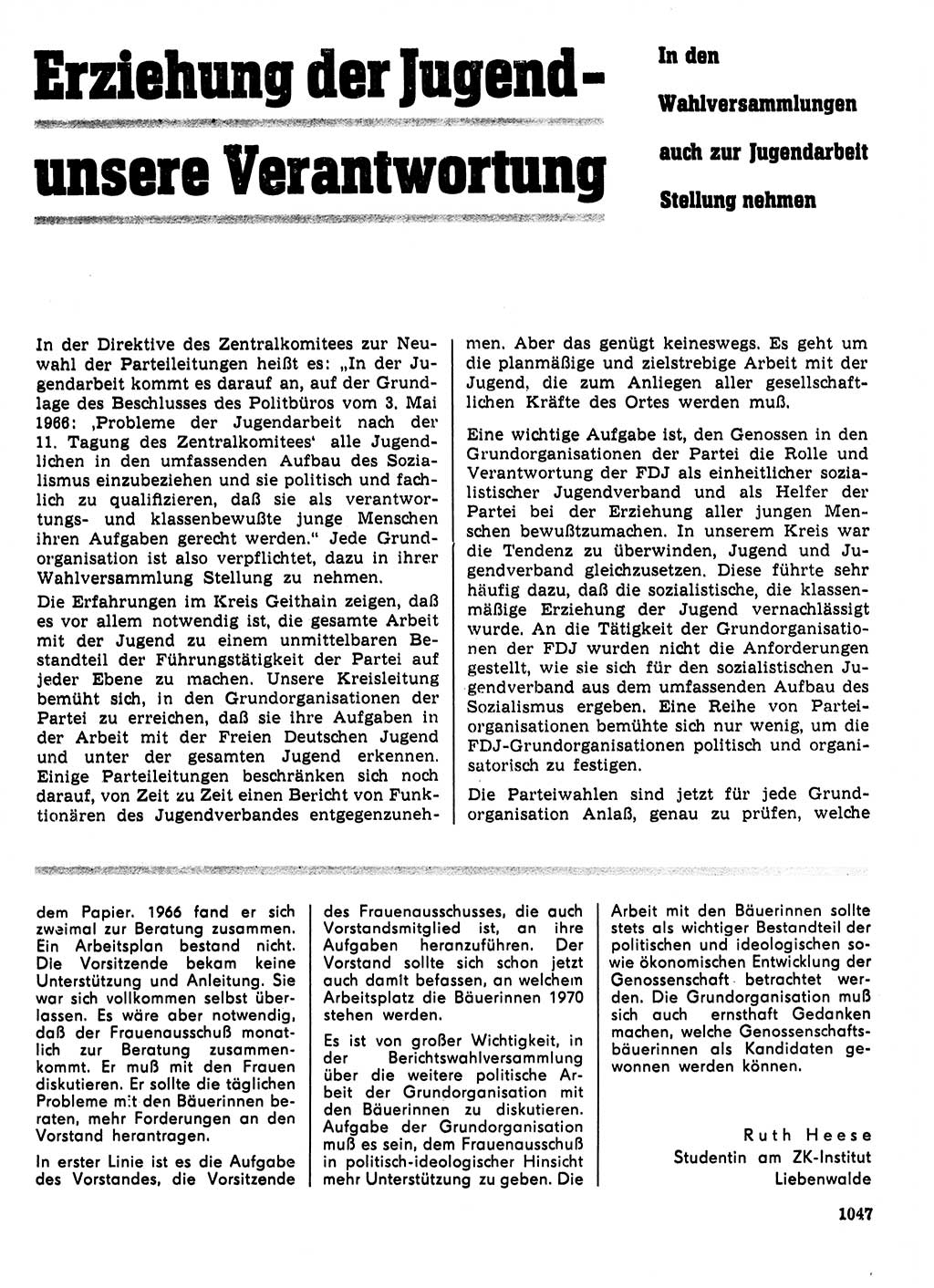 Neuer Weg (NW), Organ des Zentralkomitees (ZK) der SED (Sozialistische Einheitspartei Deutschlands) für Fragen des Parteilebens, 21. Jahrgang [Deutsche Demokratische Republik (DDR)] 1966, Seite 1047 (NW ZK SED DDR 1966, S. 1047)