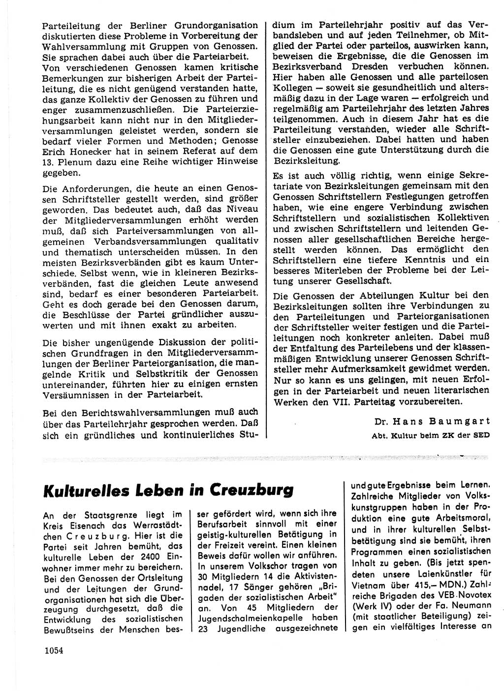 Neuer Weg (NW), Organ des Zentralkomitees (ZK) der SED (Sozialistische Einheitspartei Deutschlands) für Fragen des Parteilebens, 21. Jahrgang [Deutsche Demokratische Republik (DDR)] 1966, Seite 1054 (NW ZK SED DDR 1966, S. 1054)