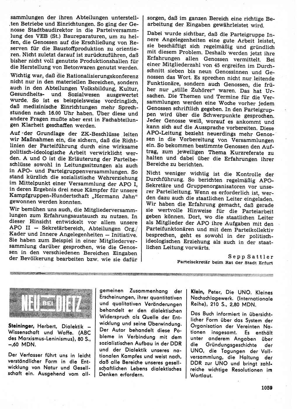 Neuer Weg (NW), Organ des Zentralkomitees (ZK) der SED (Sozialistische Einheitspartei Deutschlands) für Fragen des Parteilebens, 21. Jahrgang [Deutsche Demokratische Republik (DDR)] 1966, Seite 1059 (NW ZK SED DDR 1966, S. 1059)