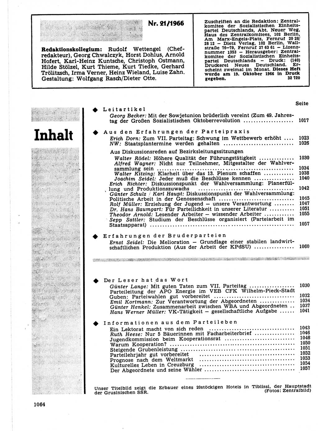 Neuer Weg (NW), Organ des Zentralkomitees (ZK) der SED (Sozialistische Einheitspartei Deutschlands) für Fragen des Parteilebens, 21. Jahrgang [Deutsche Demokratische Republik (DDR)] 1966, Seite 1064 (NW ZK SED DDR 1966, S. 1064)