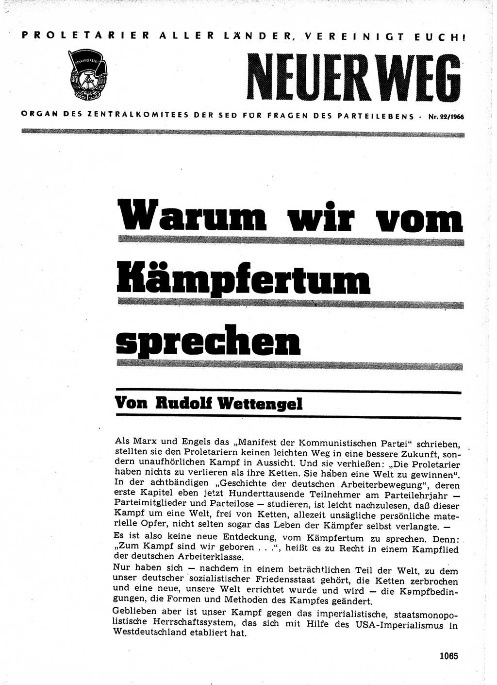 Neuer Weg (NW), Organ des Zentralkomitees (ZK) der SED (Sozialistische Einheitspartei Deutschlands) für Fragen des Parteilebens, 21. Jahrgang [Deutsche Demokratische Republik (DDR)] 1966, Seite 1065 (NW ZK SED DDR 1966, S. 1065)