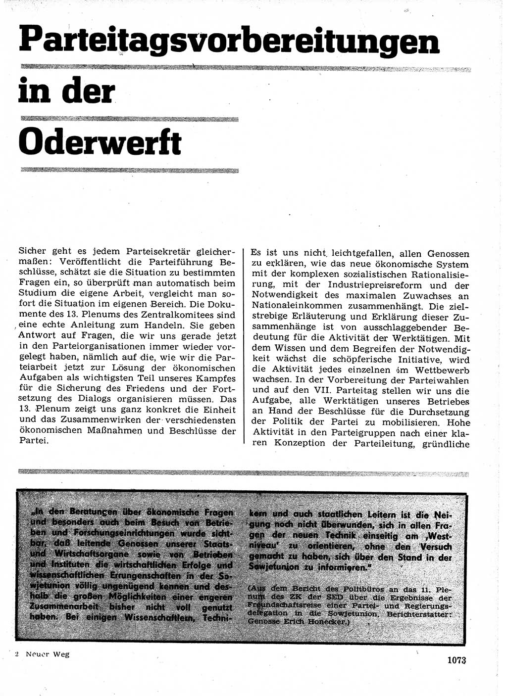 Neuer Weg (NW), Organ des Zentralkomitees (ZK) der SED (Sozialistische Einheitspartei Deutschlands) für Fragen des Parteilebens, 21. Jahrgang [Deutsche Demokratische Republik (DDR)] 1966, Seite 1073 (NW ZK SED DDR 1966, S. 1073)
