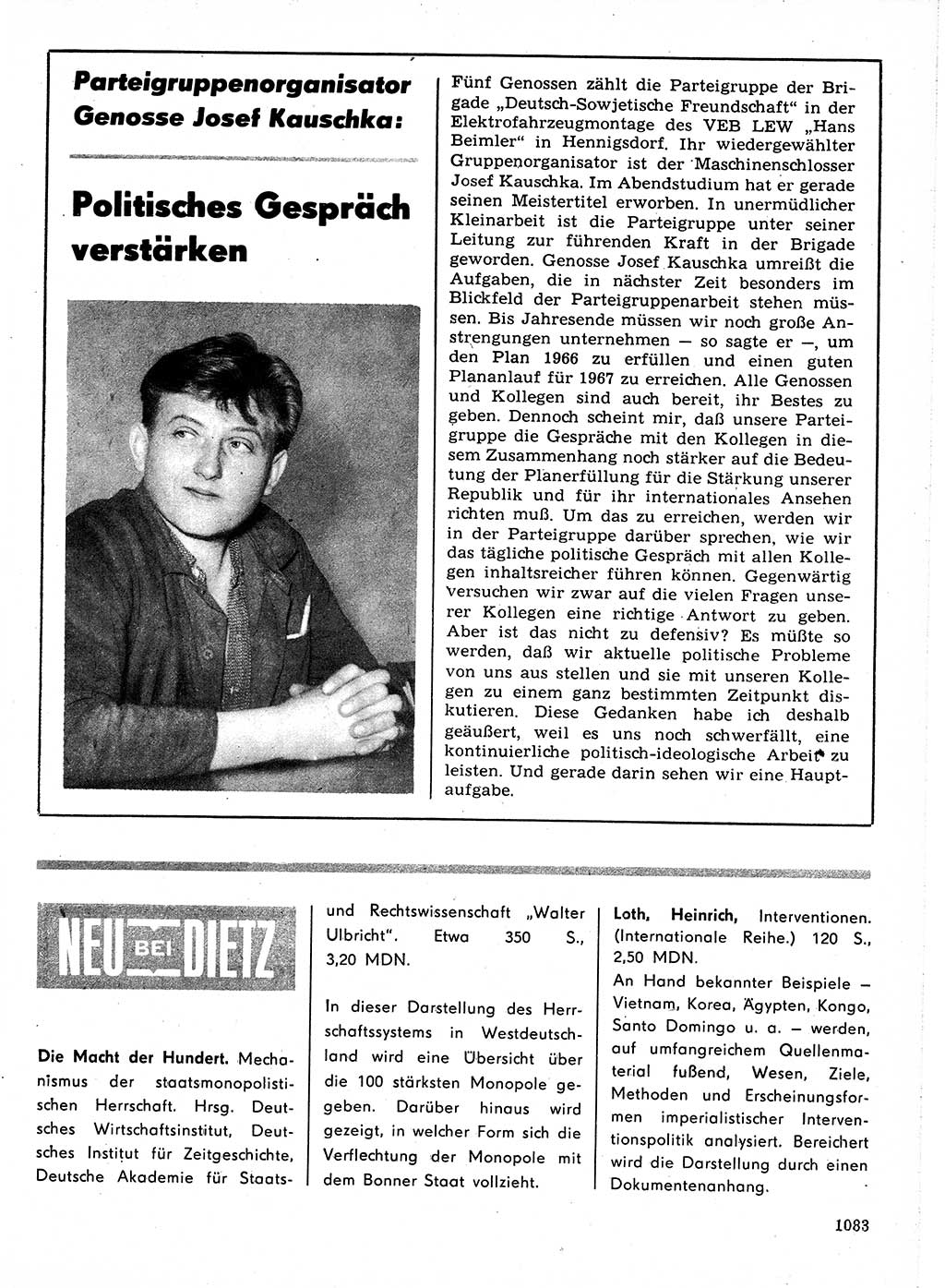 Neuer Weg (NW), Organ des Zentralkomitees (ZK) der SED (Sozialistische Einheitspartei Deutschlands) für Fragen des Parteilebens, 21. Jahrgang [Deutsche Demokratische Republik (DDR)] 1966, Seite 1083 (NW ZK SED DDR 1966, S. 1083)