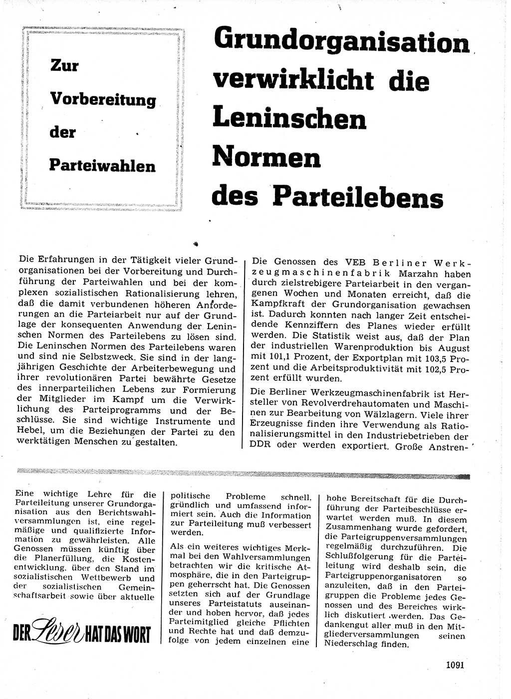 Neuer Weg (NW), Organ des Zentralkomitees (ZK) der SED (Sozialistische Einheitspartei Deutschlands) für Fragen des Parteilebens, 21. Jahrgang [Deutsche Demokratische Republik (DDR)] 1966, Seite 1091 (NW ZK SED DDR 1966, S. 1091)