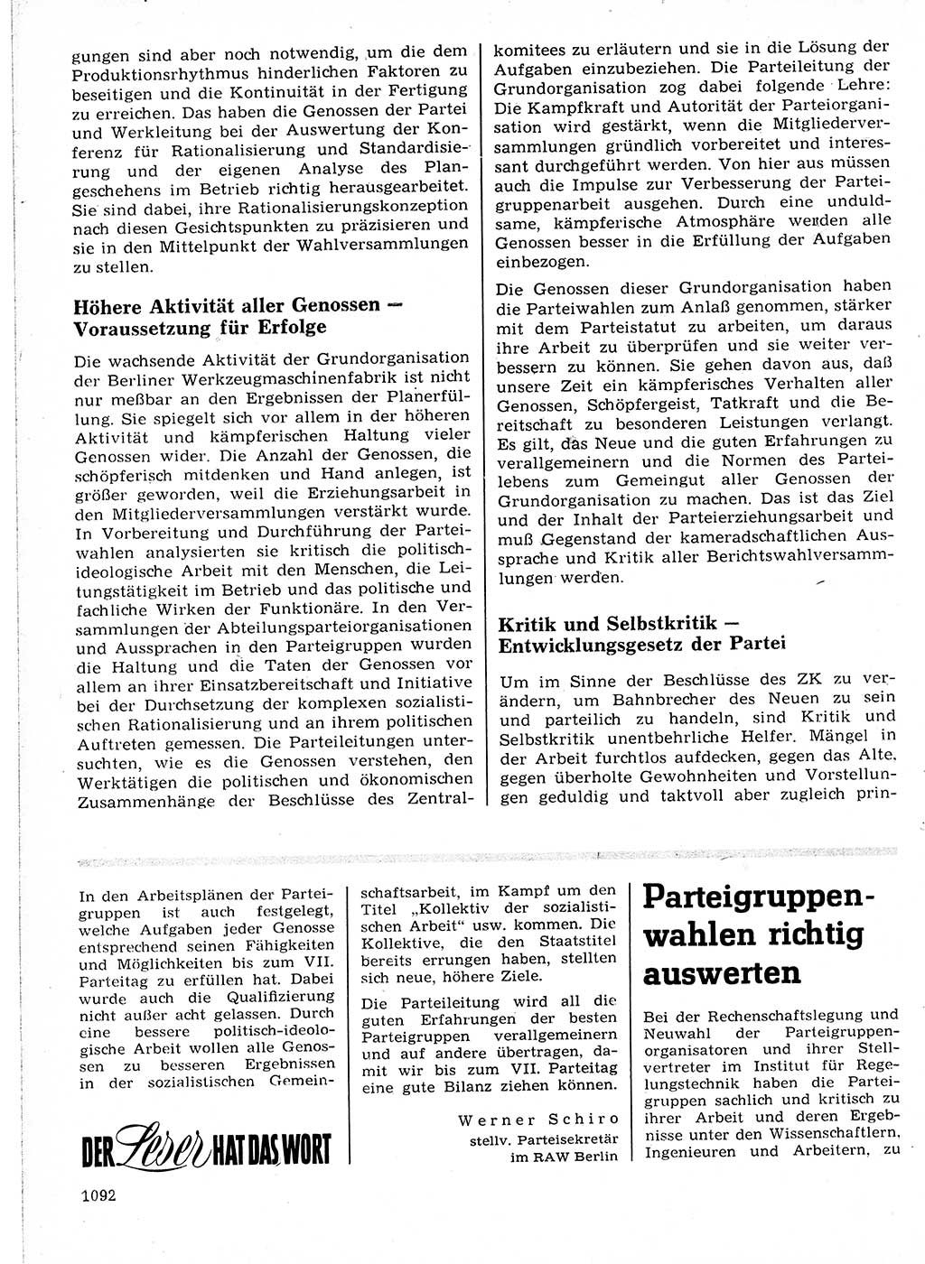 Neuer Weg (NW), Organ des Zentralkomitees (ZK) der SED (Sozialistische Einheitspartei Deutschlands) für Fragen des Parteilebens, 21. Jahrgang [Deutsche Demokratische Republik (DDR)] 1966, Seite 1092 (NW ZK SED DDR 1966, S. 1092)