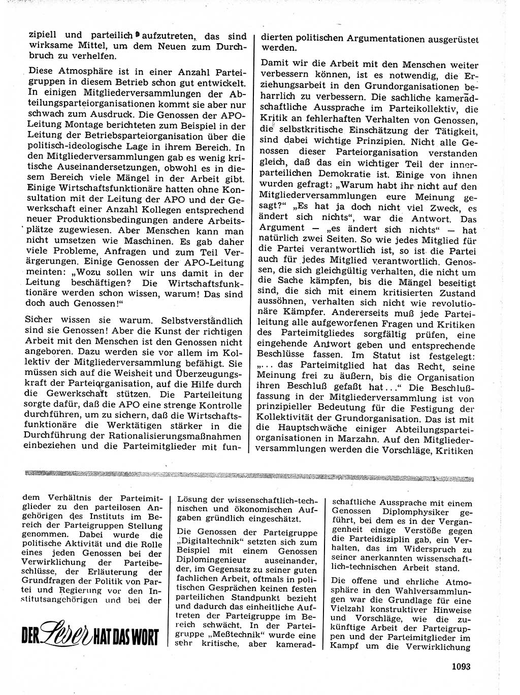 Neuer Weg (NW), Organ des Zentralkomitees (ZK) der SED (Sozialistische Einheitspartei Deutschlands) für Fragen des Parteilebens, 21. Jahrgang [Deutsche Demokratische Republik (DDR)] 1966, Seite 1093 (NW ZK SED DDR 1966, S. 1093)