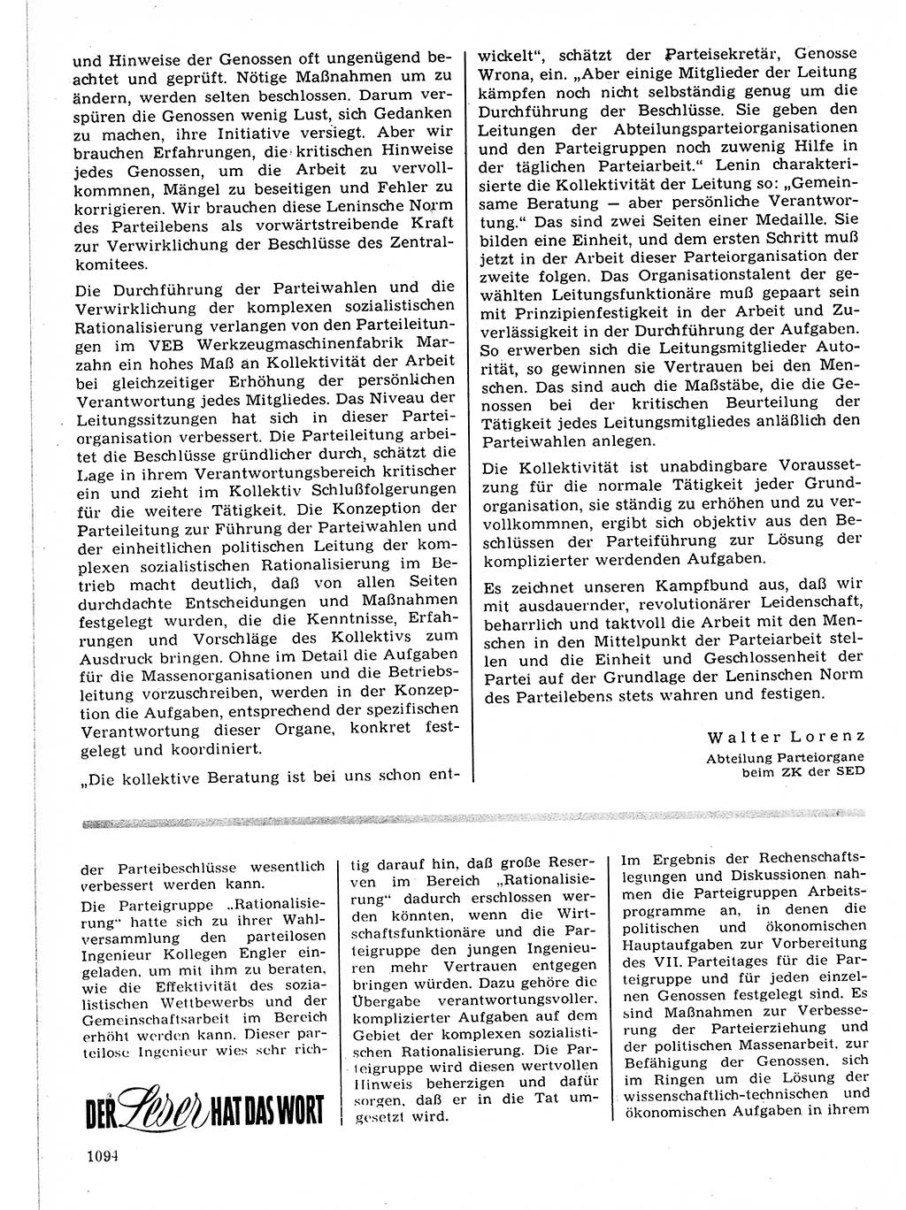 Neuer Weg (NW), Organ des Zentralkomitees (ZK) der SED (Sozialistische Einheitspartei Deutschlands) für Fragen des Parteilebens, 21. Jahrgang [Deutsche Demokratische Republik (DDR)] 1966, Seite 1094 (NW ZK SED DDR 1966, S. 1094)