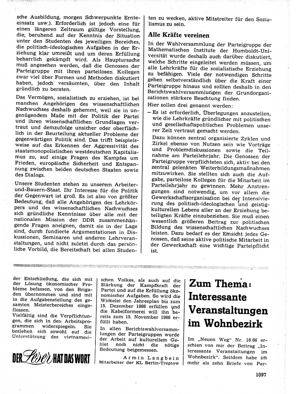 Neuer Weg (NW), Organ des Zentralkomitees (ZK) der SED (Sozialistische Einheitspartei Deutschlands) für Fragen des Parteilebens, 21. Jahrgang [Deutsche Demokratische Republik (DDR)] 1966, Seite 1097 (NW ZK SED DDR 1966, S. 1097)