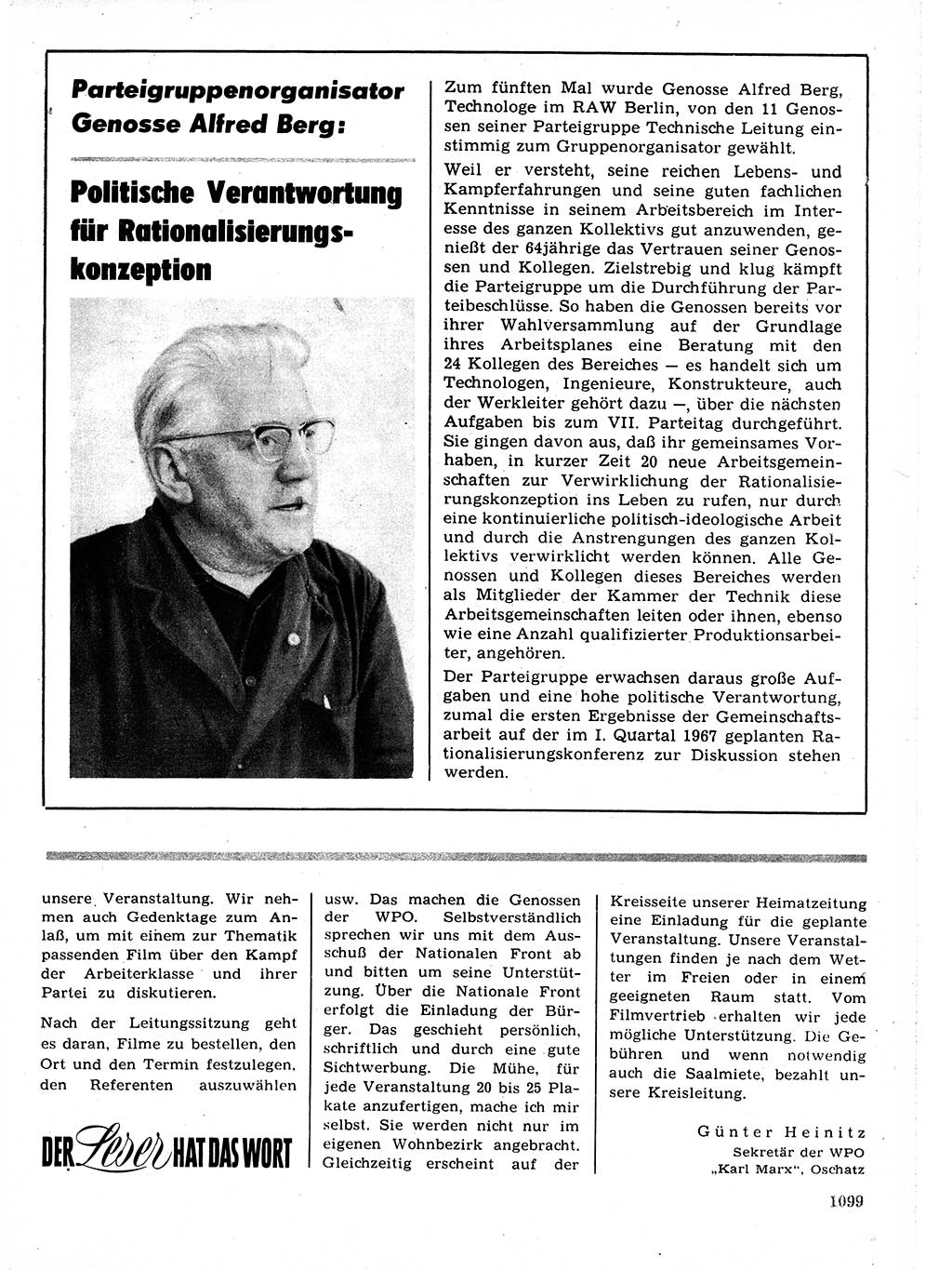 Neuer Weg (NW), Organ des Zentralkomitees (ZK) der SED (Sozialistische Einheitspartei Deutschlands) für Fragen des Parteilebens, 21. Jahrgang [Deutsche Demokratische Republik (DDR)] 1966, Seite 1099 (NW ZK SED DDR 1966, S. 1099)