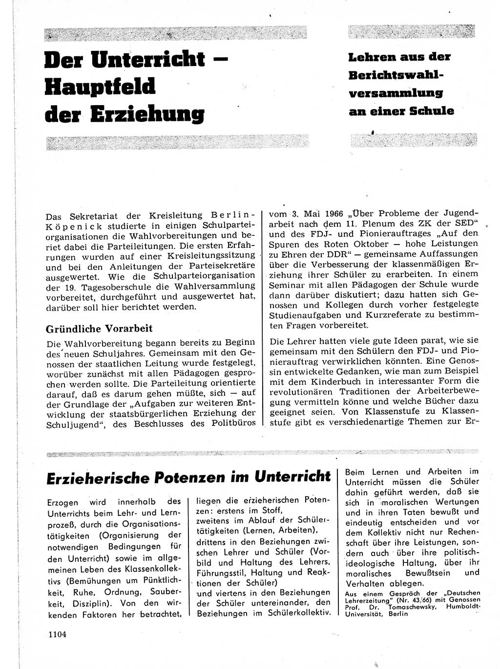 Neuer Weg (NW), Organ des Zentralkomitees (ZK) der SED (Sozialistische Einheitspartei Deutschlands) für Fragen des Parteilebens, 21. Jahrgang [Deutsche Demokratische Republik (DDR)] 1966, Seite 1104 (NW ZK SED DDR 1966, S. 1104)