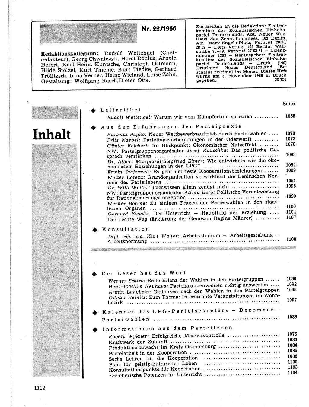 Neuer Weg (NW), Organ des Zentralkomitees (ZK) der SED (Sozialistische Einheitspartei Deutschlands) für Fragen des Parteilebens, 21. Jahrgang [Deutsche Demokratische Republik (DDR)] 1966, Seite 1112 (NW ZK SED DDR 1966, S. 1112)