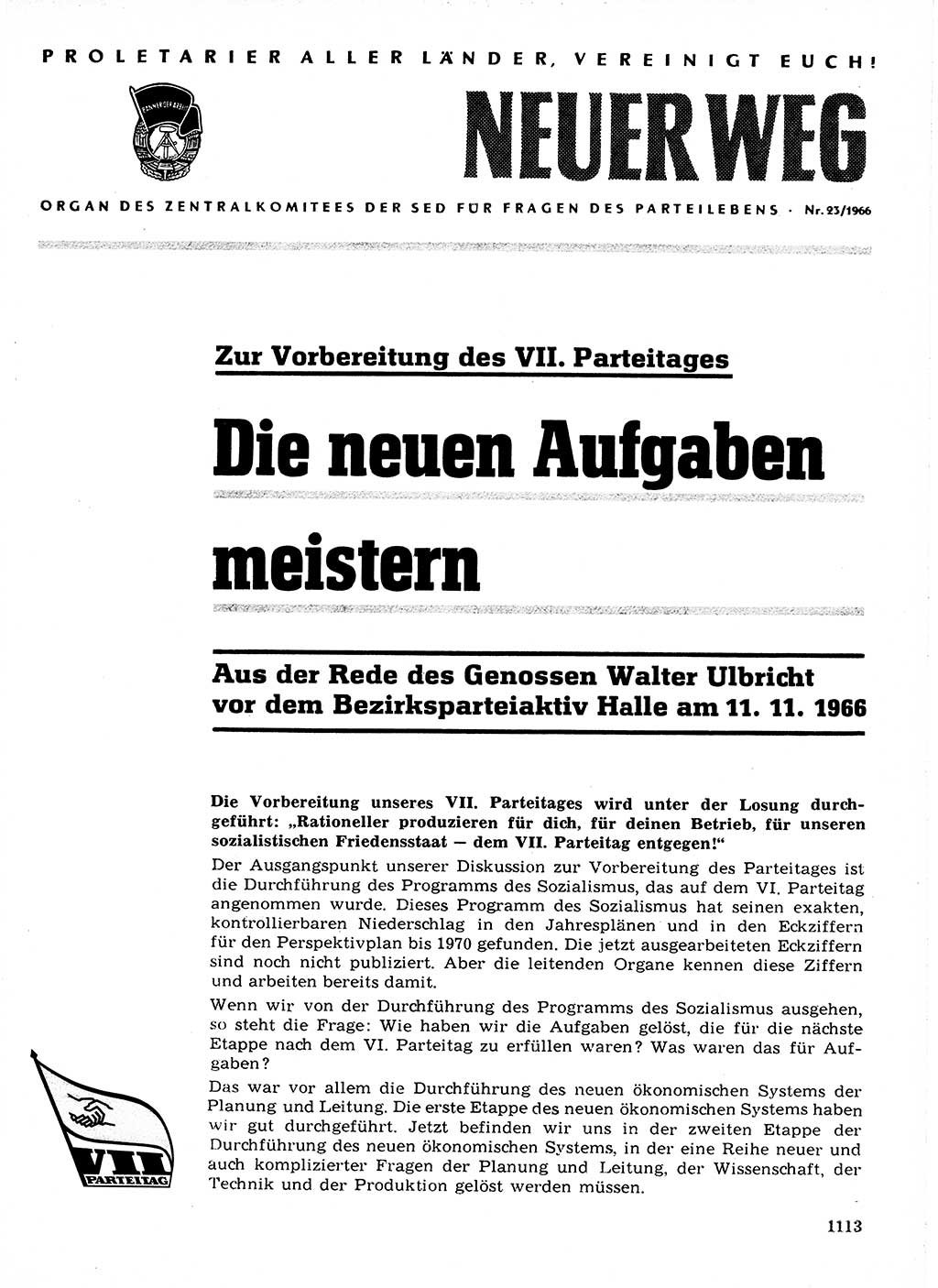 Neuer Weg (NW), Organ des Zentralkomitees (ZK) der SED (Sozialistische Einheitspartei Deutschlands) für Fragen des Parteilebens, 21. Jahrgang [Deutsche Demokratische Republik (DDR)] 1966, Seite 1113 (NW ZK SED DDR 1966, S. 1113)