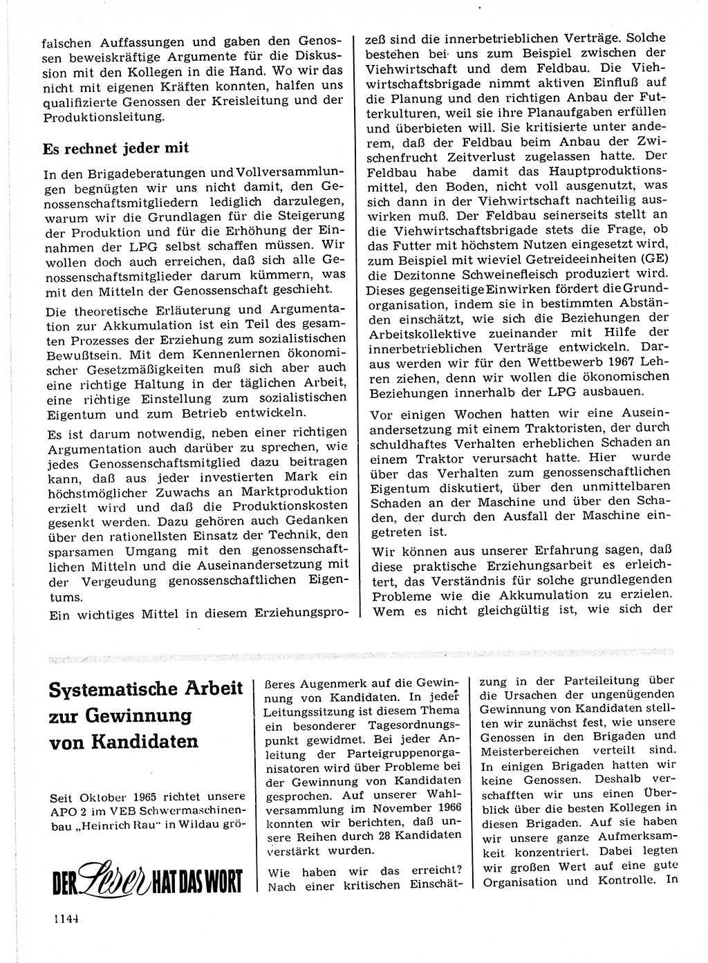 Neuer Weg (NW), Organ des Zentralkomitees (ZK) der SED (Sozialistische Einheitspartei Deutschlands) für Fragen des Parteilebens, 21. Jahrgang [Deutsche Demokratische Republik (DDR)] 1966, Seite 1144 (NW ZK SED DDR 1966, S. 1144)